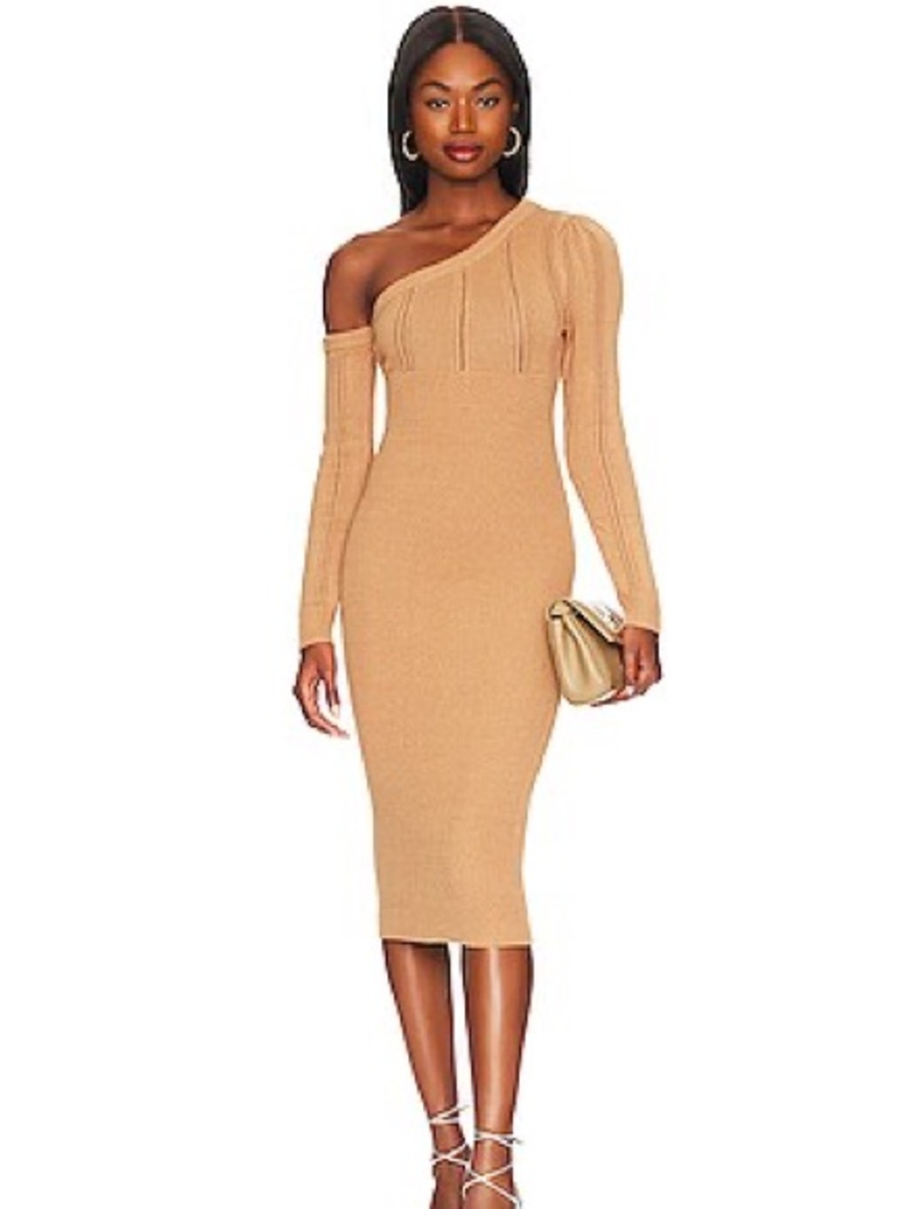 Majorelle Camel Tan Landau One Shoulder Ribbed Knit Midi Dress